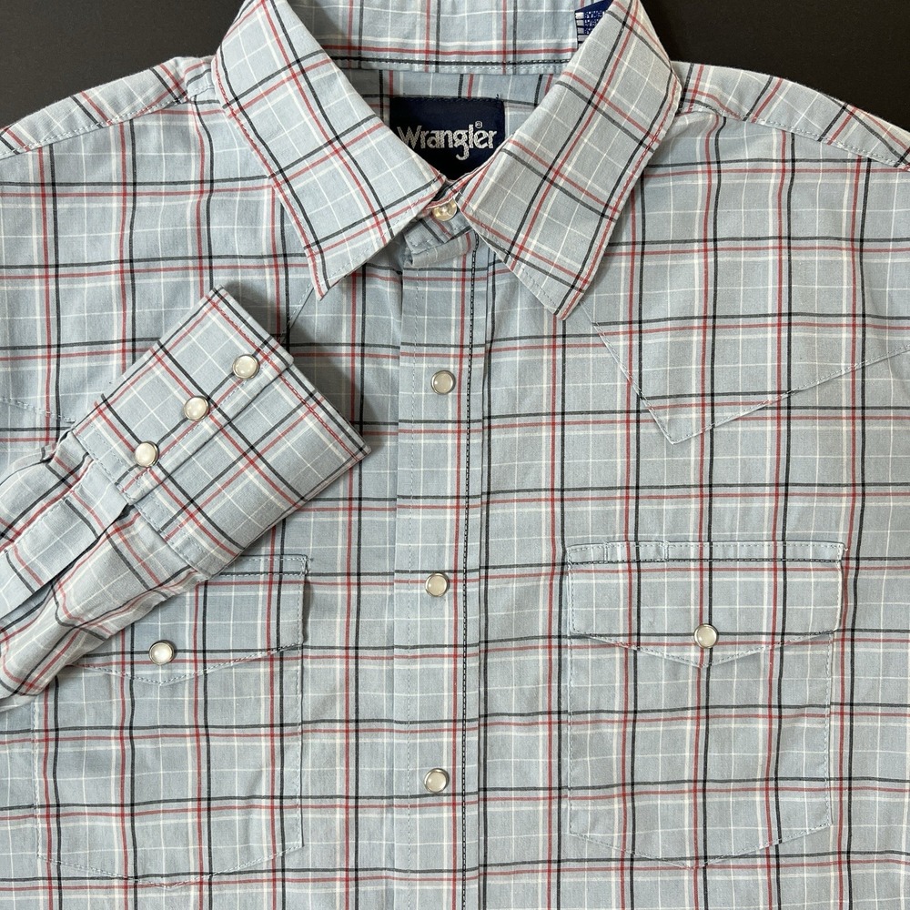 Wrangler Western Pearl Snap Button Down‎ Shirt Men's Medium Blue Checkered Plaid